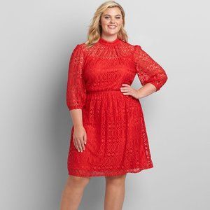 Lane Bryant Women's Mock-Neck Lace Fit & Flare Dress 14 Racing Red
